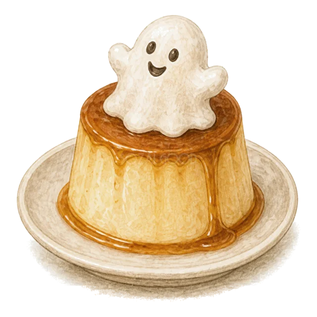 白いおばけを乗せたカラメルプリン（背景透過PNG）