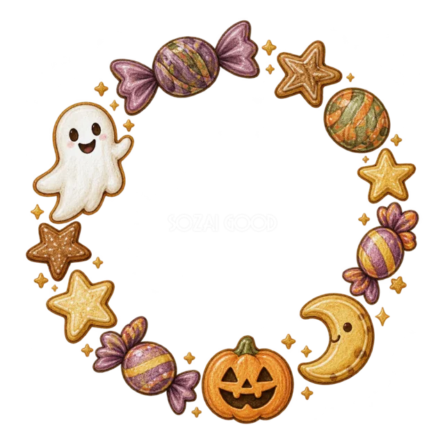 おばけとキャンディの丸型のかわいいハロウィン飾り枠