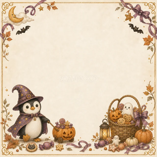 ふくろうとキャンディのかわいい動物ハロウィンフレーム