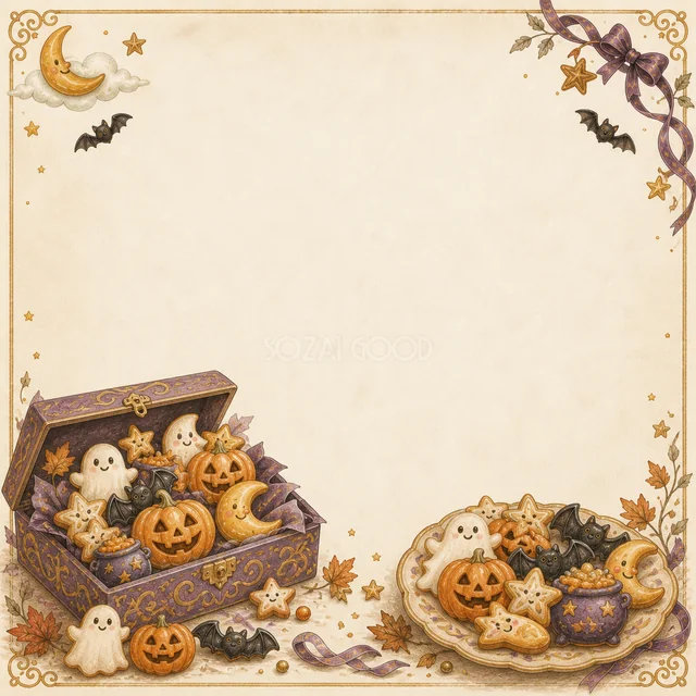 お菓子箱とクッキーのアンティーク調ハロウィンお菓子フレーム
