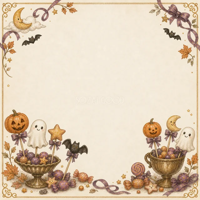 おばけとかぼちゃのカップケーキのアンティーク調ハロウィンお菓子フレーム