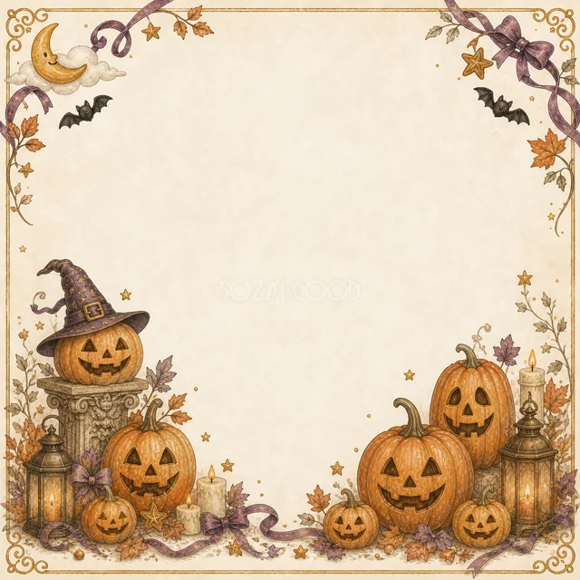 魔女猫とかぼちゃのアンティーク調ハロウィン四角フレーム
