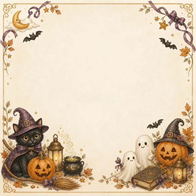 魔女猫とおばけのアンティーク調ハロウィン四角フレーム