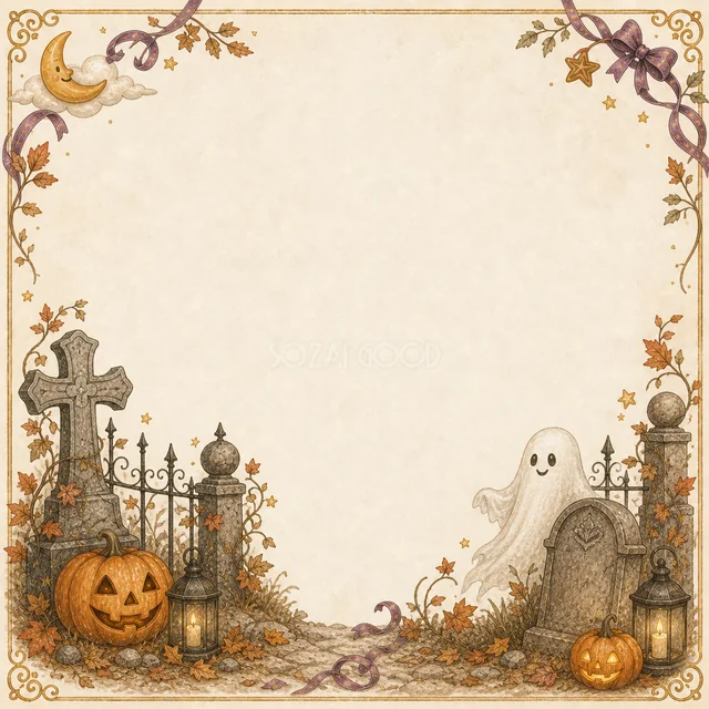 墓地とおばけのアンティーク調ハロウィン四角フレーム