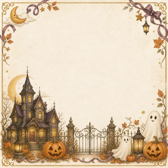 洋館と門とおばけのアンティーク調ハロウィン四角フレーム