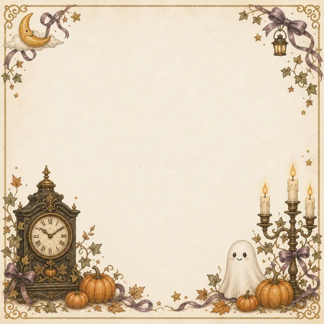 古時計とおばけのアンティーク調ハロウィン四角フレーム