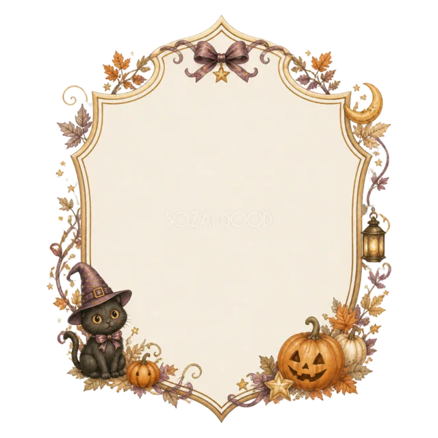 魔女猫とかぼちゃの盾型のアンティーク調ハロウィン看板フレーム