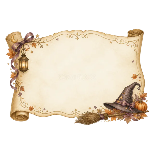 魔女帽子と薬瓶の巻物型のアンティーク調ハロウィン看板フレーム