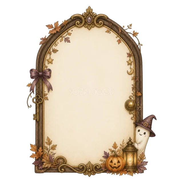 おばけとドアの縦長のアンティーク調ハロウィン看板フレーム