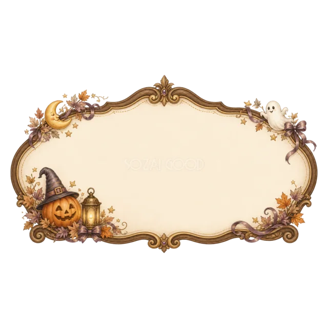 魔女帽子とランタンの楕円形のアンティーク調ハロウィン看板フレーム