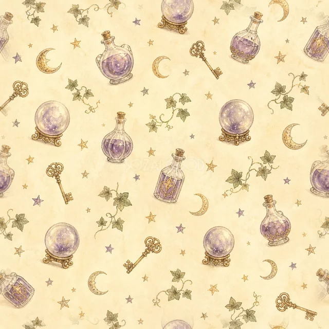 紫の魔法薬・水晶玉・鍵・月を散らした水彩ハロウィン背景（PNG）