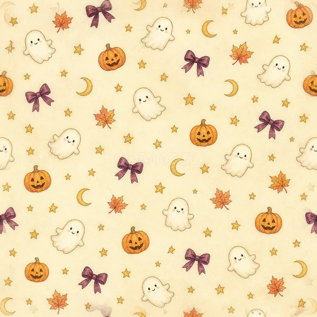 白いおばけ・かぼちゃ・月・紫リボンの水彩ハロウィン背景（PNG）