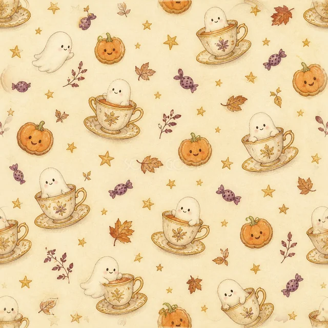 ティーカップのおばけ・かぼちゃ・キャンディの水彩ハロウィン背景（PNG）
