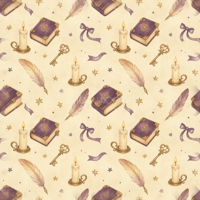 魔法の本・羽根ペン・ろうそく・リボンの水彩ハロウィン背景（PNG）