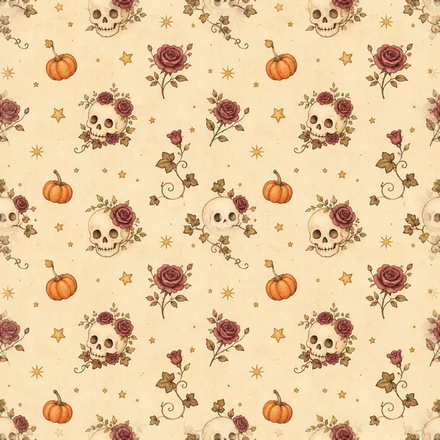 ドクロ・赤いバラ・かぼちゃ・蔓草の水彩ハロウィン背景（PNG）
