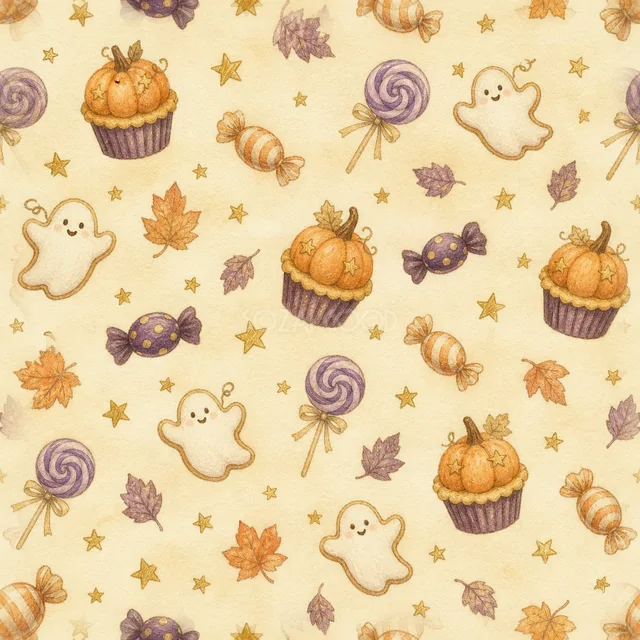 おばけ・ロリポップ・キャンディ・かぼちゃ菓子の水彩ハロウィン背景（PNG）