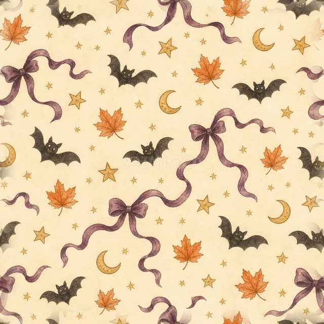コウモリ・紫リボン・三日月・紅葉の水彩ハロウィン背景（PNG）