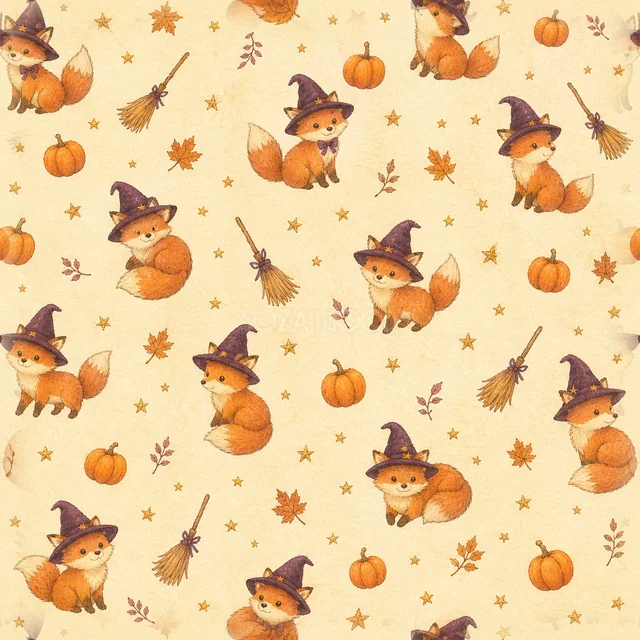 魔女帽子のキツネ・かぼちゃ・ほうきの水彩ハロウィン背景（PNG）