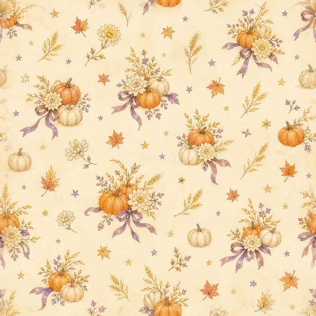 かぼちゃと秋の花束を散らした水彩ハロウィン背景（PNG）