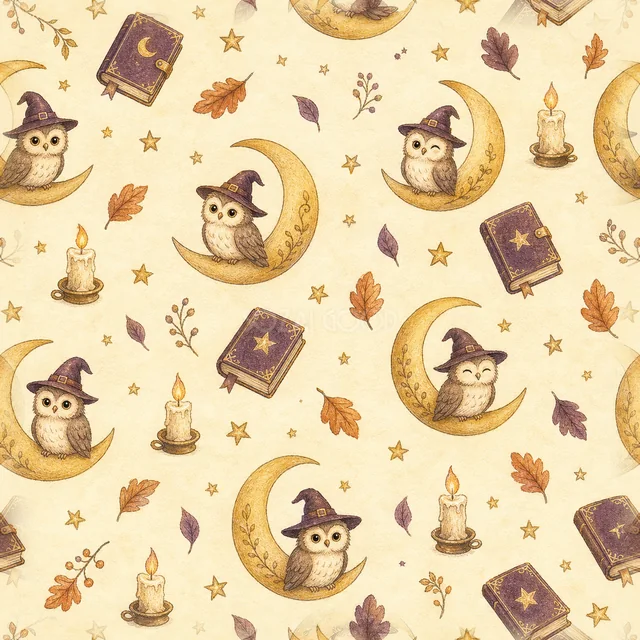 三日月に乗るフクロウ・魔法の本・ろうそくの水彩ハロウィン背景（PNG）