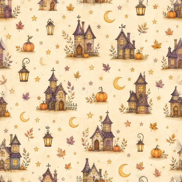 お化け屋敷・ランタン・三日月・かぼちゃの水彩ハロウィン背景（PNG）