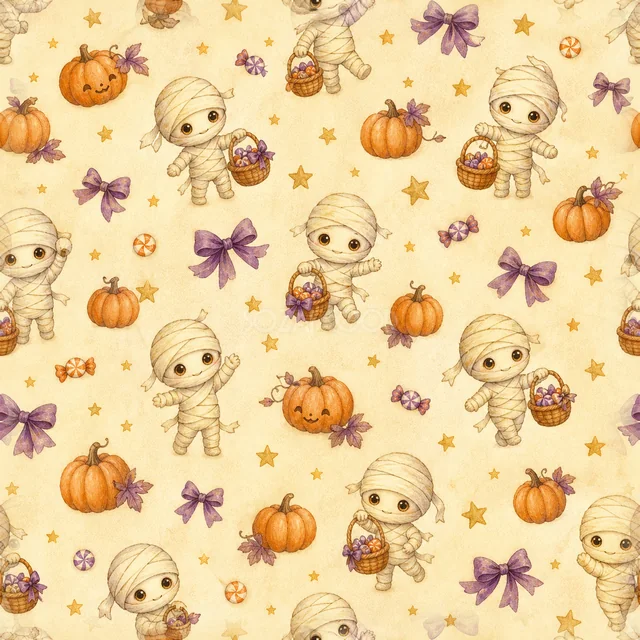 かわいいミイラ・かぼちゃ・紫リボンの水彩ハロウィン背景（PNG）