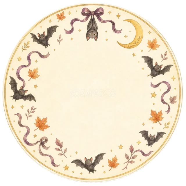 コウモリと三日月のハロウィン丸型ラベルフレーム