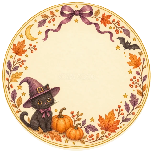 黒猫とかぼちゃのハロウィン丸型ラベルフレーム