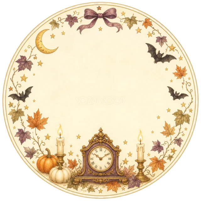 時計とコウモリのハロウィン丸型ラベルフレーム