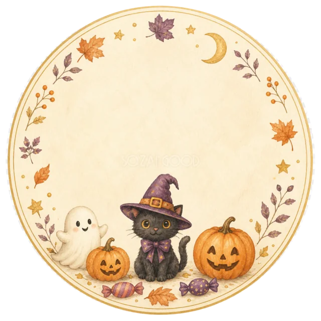 魔女猫とかぼちゃのハロウィン丸型ラベルフレーム