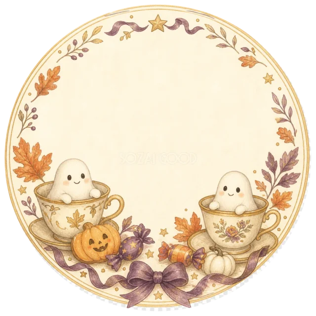 おばけ二人とかぼちゃのハロウィン丸型ラベルフレーム