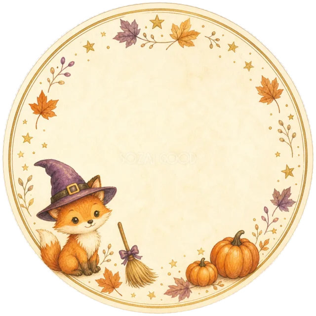 魔女きつねとかぼちゃのハロウィン丸型ラベルフレーム