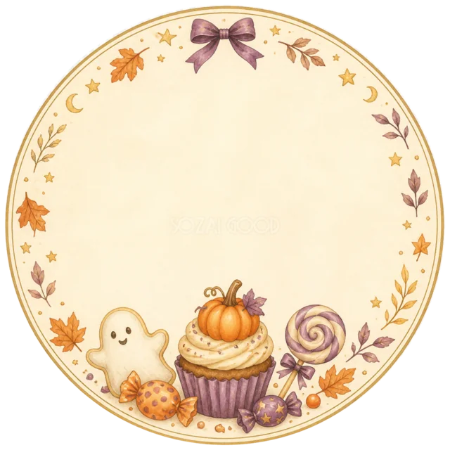 おばけとカップケーキのハロウィン丸型ラベルフレーム