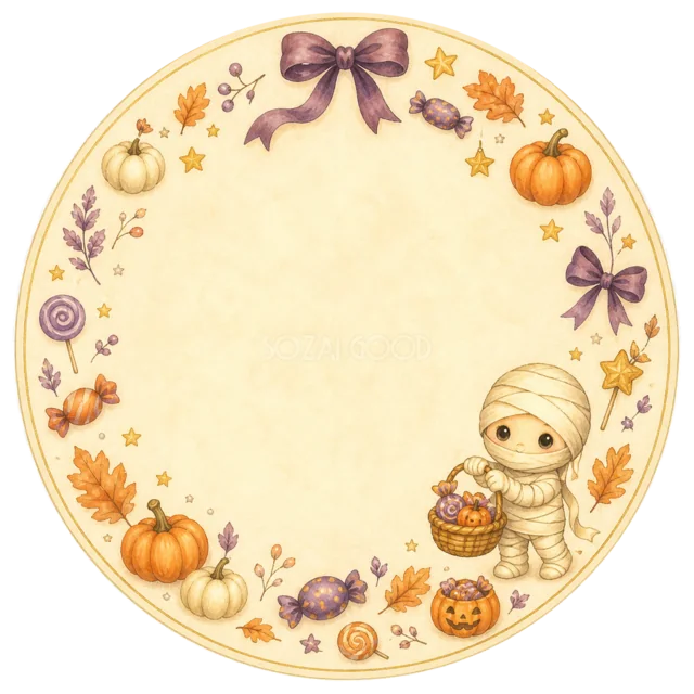 ミイラとお菓子のハロウィン丸型ラベルフレーム
