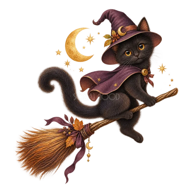 三日月の夜に魔女のほうきで飛ぶ黒猫の水彩イラスト（背景透過PNG）