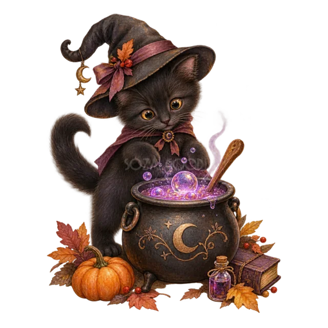 紫色の魔法薬を大釜で作る魔女帽子の黒猫の水彩イラスト（背景透過PNG）