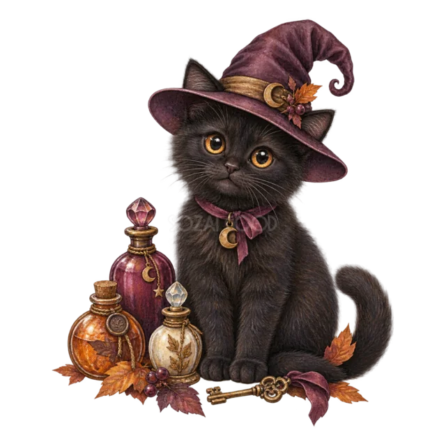 魔女帽子をかぶり魔法薬の瓶と座る黒猫の水彩イラスト（背景透過PNG）