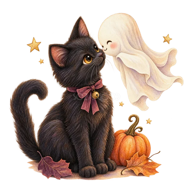 白いおばけと鼻を寄せ合う黒猫の水彩ハロウィンイラスト（背景透過PNG）