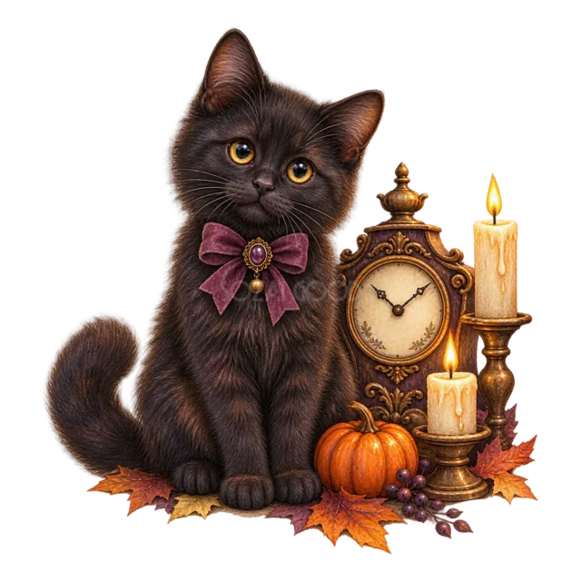 アンティーク時計とろうそくの横に座る黒猫の水彩イラスト（背景透過PNG）