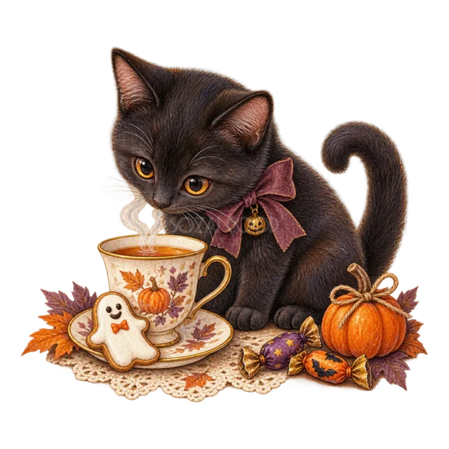 おばけクッキーを添えた温かい飲み物を楽しむ黒猫の水彩イラスト（背景透過PNG）