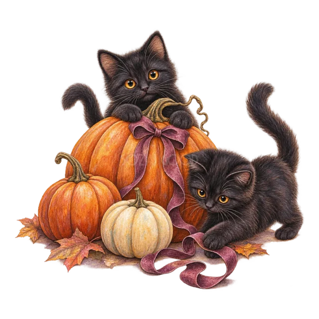 大きなかぼちゃと遊ぶ黒猫の子猫2匹の水彩イラスト（背景透過PNG）