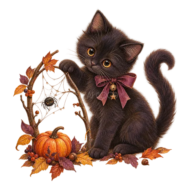 クモの巣と赤いクモの前に座る黒猫の水彩イラスト（背景透過PNG）