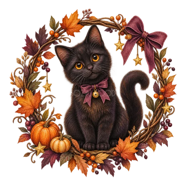 かぼちゃと紅葉の丸いリースに座る黒猫の水彩イラスト（背景透過PNG）