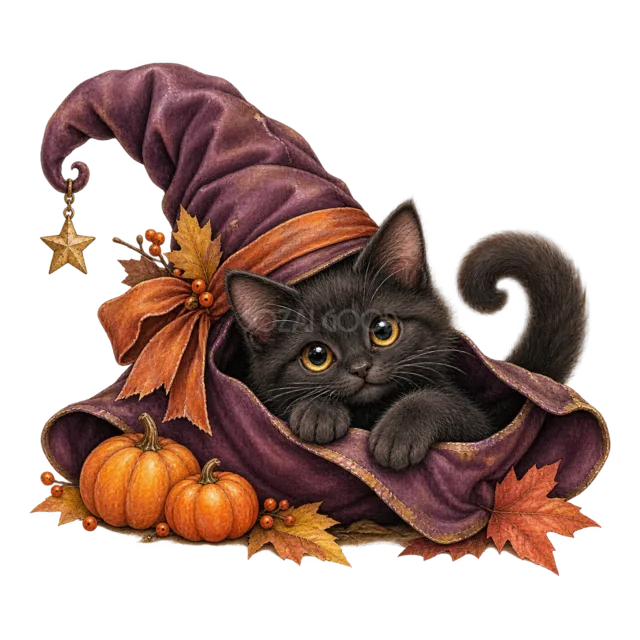 大きな魔女帽子の中で横になる黒猫の水彩イラスト（背景透過PNG）