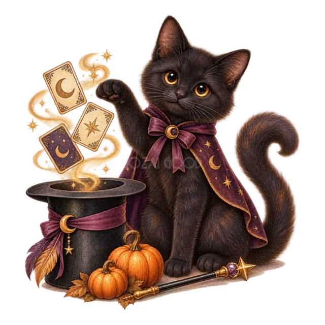 魔法の帽子から飛び出すカードを見る黒猫の水彩イラスト（背景透過PNG）
