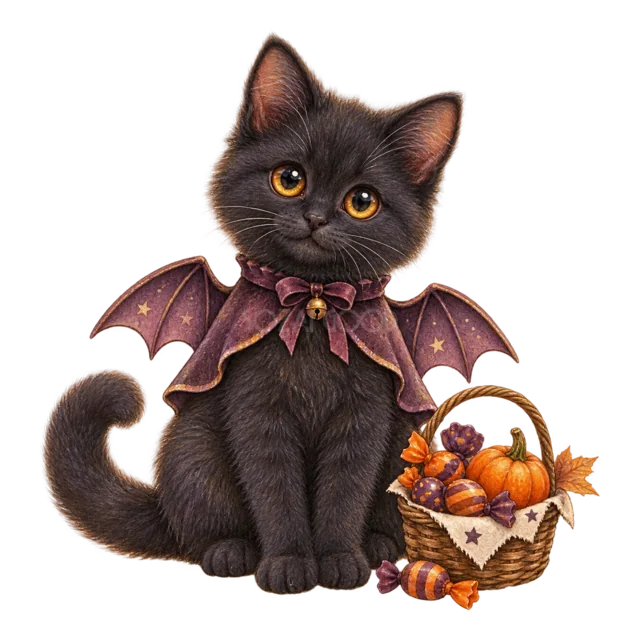 コウモリの羽を付けてお菓子かごと座る黒猫の水彩イラスト（背景透過PNG）