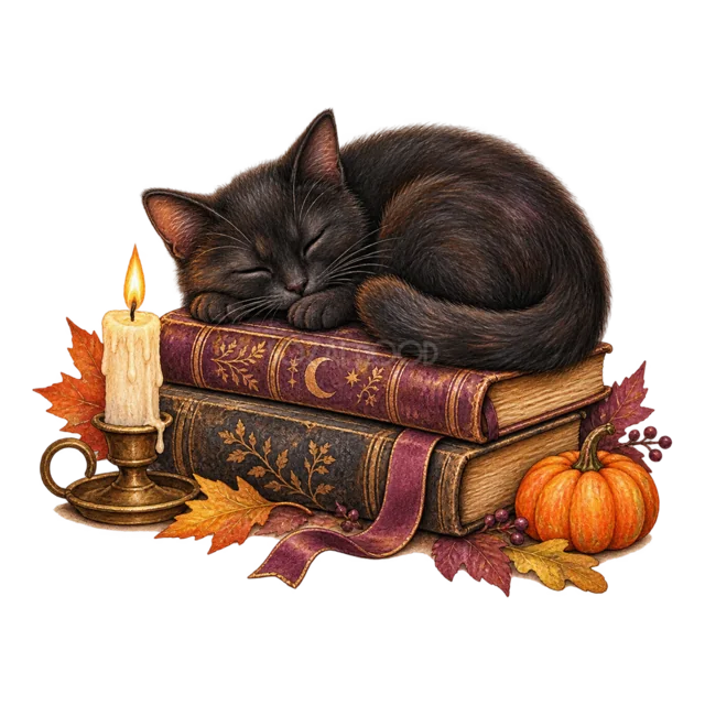 古い魔法の本の上で眠る黒猫とろうそくの水彩イラスト（背景透過PNG）