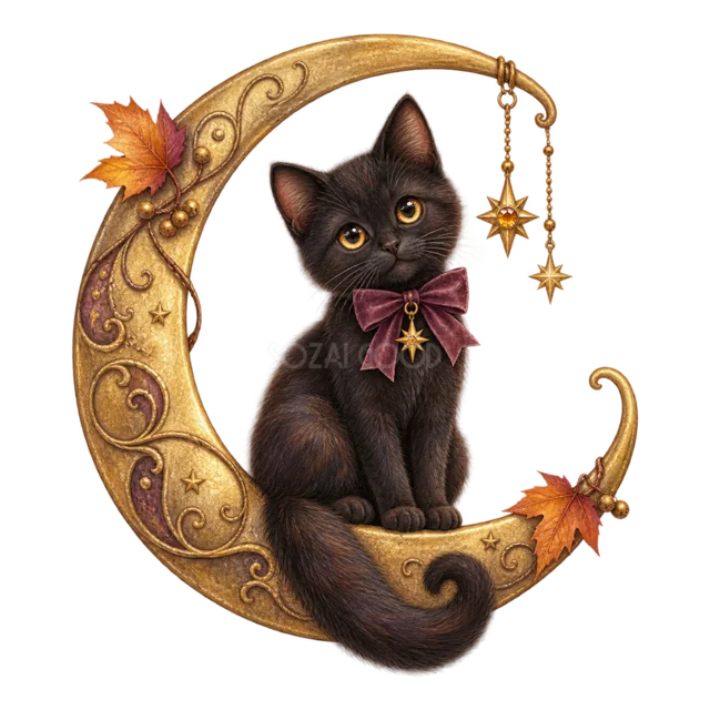 星飾りの三日月に座る蝶ネクタイ姿の黒猫の水彩イラスト（背景透過PNG）