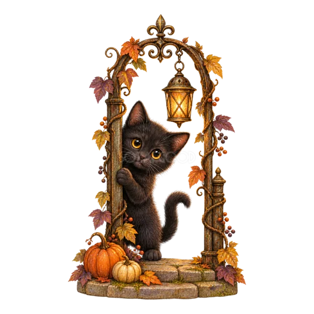 ランタンがともるアーチ門から顔を出す黒猫の水彩イラスト（背景透過PNG）