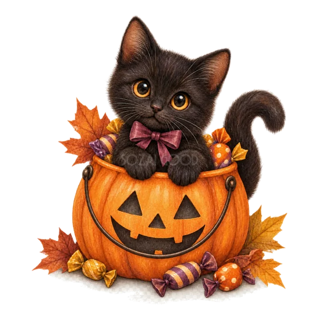 ジャックオランタンのバケツから顔を出す黒猫の水彩イラスト（背景透過PNG）